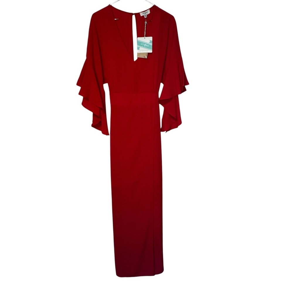 Umgee Women’s Maxi Dress Flared Sleeves V-Neck Tie Waist Lined Red Medium NWT